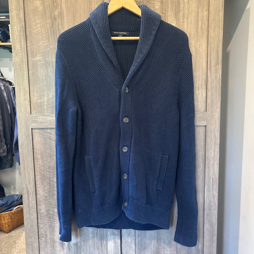 Banana Republic Mens Honeycomb Cardigan Navy Shawl Collar Sweater Medium